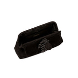 Alessa Black Pouch Bag interior view featuring a magnetic tab and decorative thread-wrapped coins.