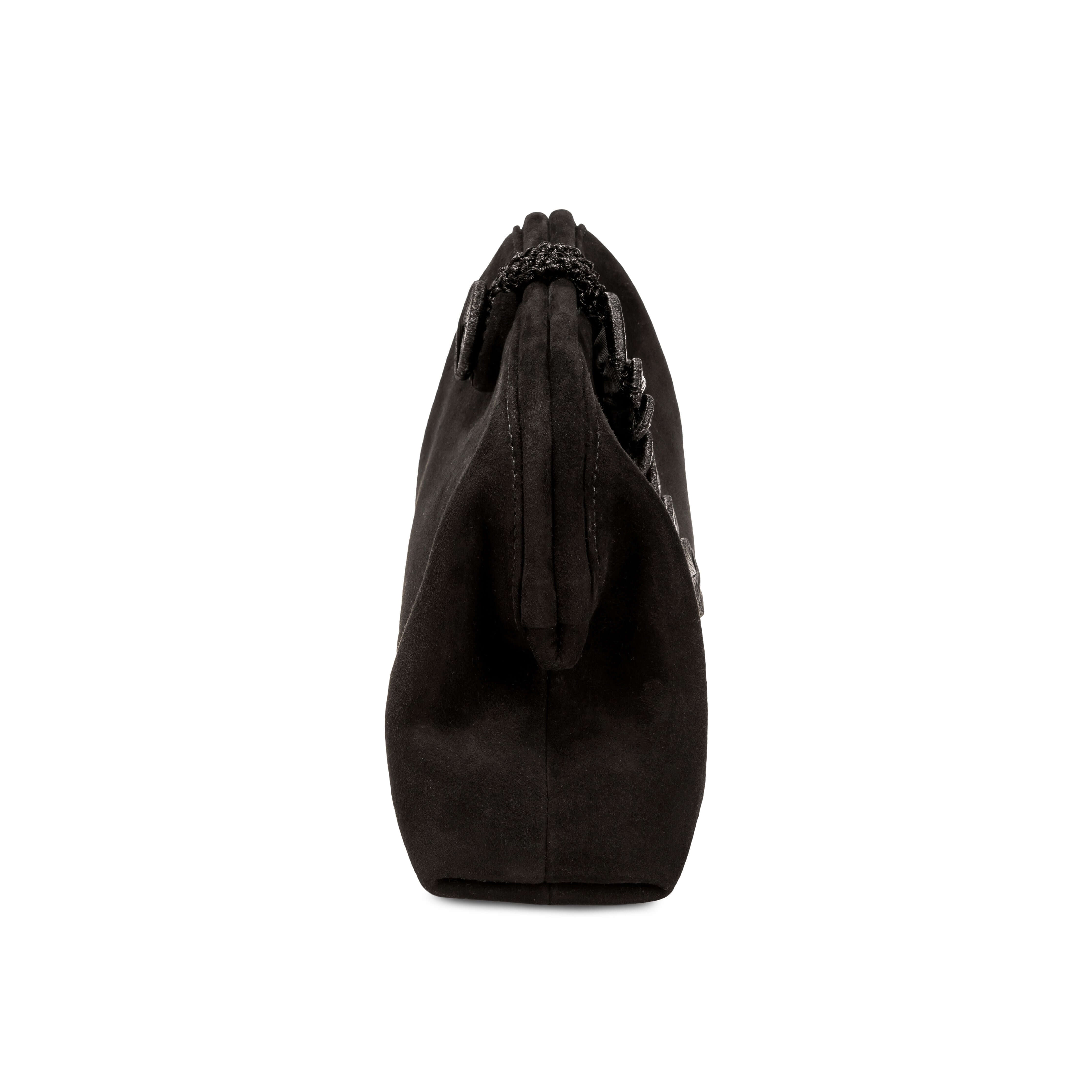 Alessa Black Pouch Bag showcasing its unique knotted design and luxurious leather material.