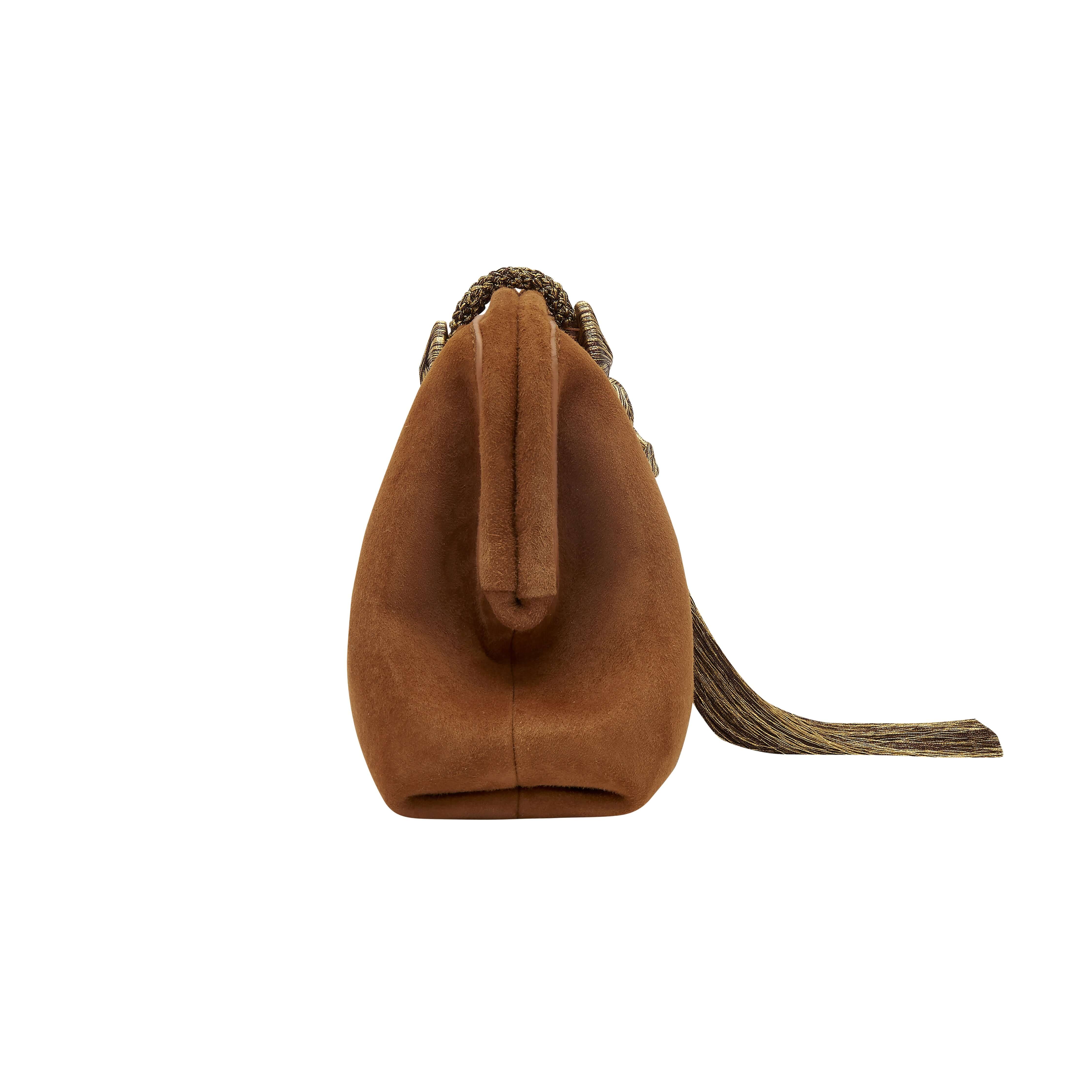 Alessa Camello Pouch Bag showcasing elegant design in Italian suede leather with intricate thread-wrapped rings.