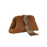 Alessa Camello Pouch Bag made of Italian suede leather with intricate thread-wrapped ring design and tassel detail.