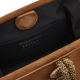 Interior view of the Alessa Camello Pouch Bag showcasing its rich suede leather and magnetic closure detail.