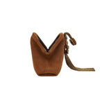 Alessa Camello Pouch Bag in rich camello suede with elegant knotted design and thread-wrapped fastening.