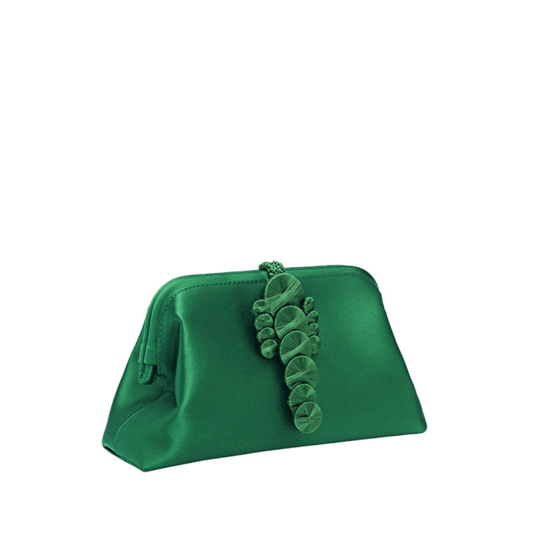 Alessa Emerald Pouch Bag crafted from silk-satin with intricately knotted thread-wrapped coins and magnetic closure.
