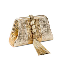 Alessa Gold Silver Pouch Bag featuring metallic threads and a chic tassel for elegant evening styling.