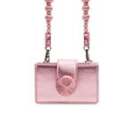 Alessa Metallic Pink Card Holder with handcrafted details and detachable strap, perfect blend of elegance and functionality.