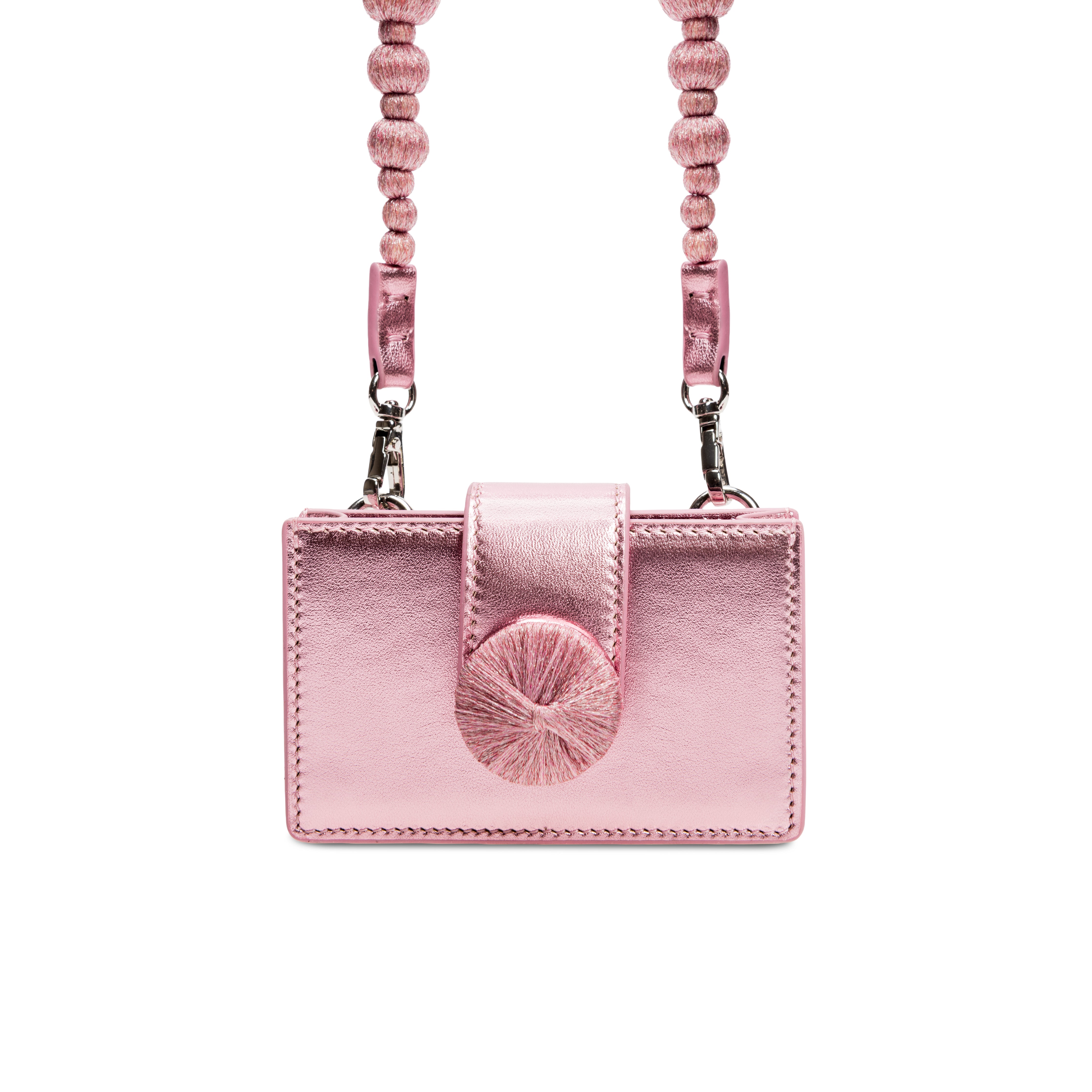 Alessa Metallic Pink Card Holder with handcrafted details and detachable strap, perfect blend of elegance and functionality.