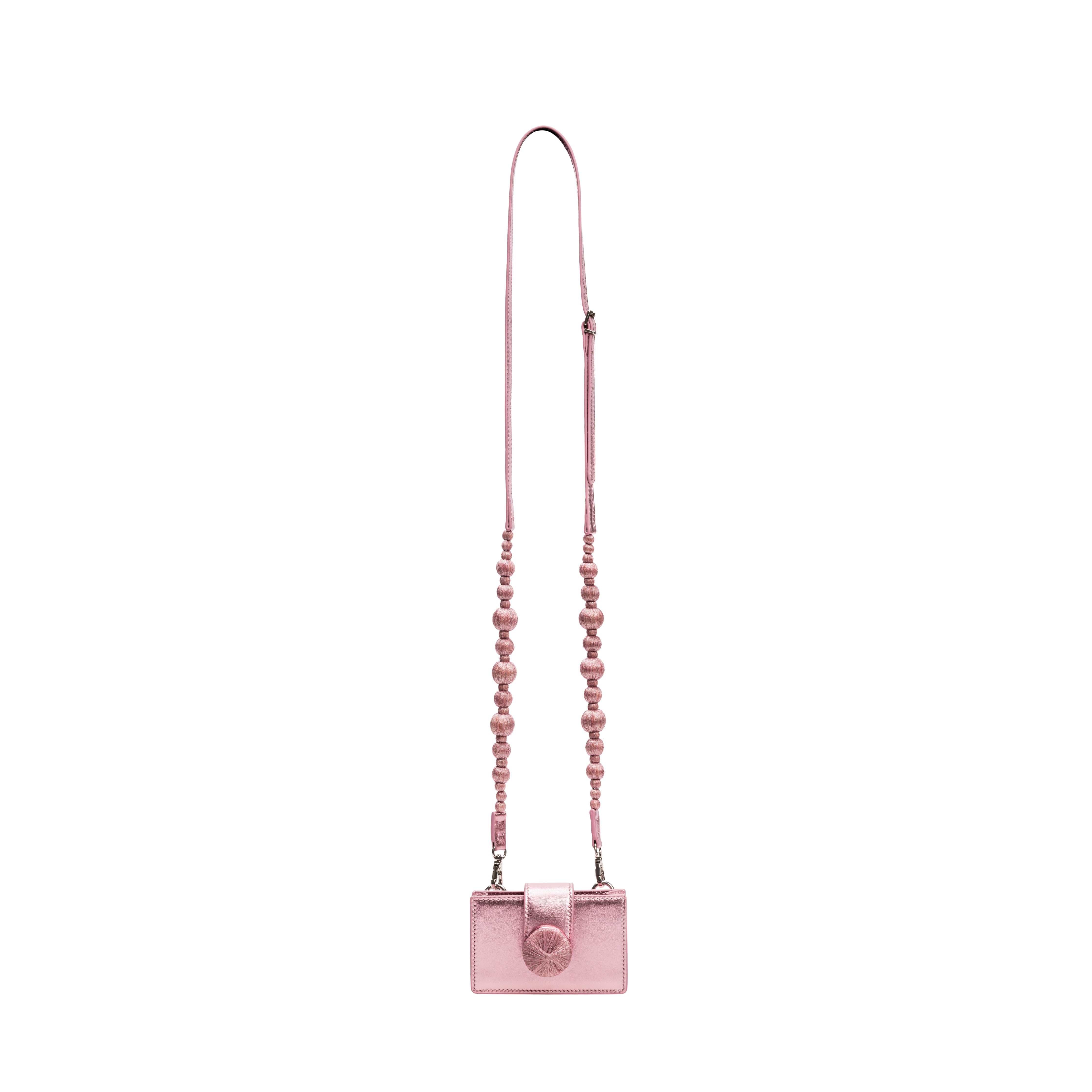 Alessa Metallic Pink Card Holder with detachable strap and embroidered details for a chic, refined look.