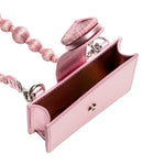 Open view of Alessa Metallic Pink Card Holder showcasing the interior and unique embroidered strap details.