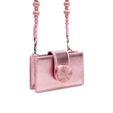Alessa Metallic Pink Card Holder with embroidered disc and detachable strap, featuring shimmering metallic threads.