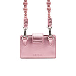 Alessa Metallic Pink Card Holder with embroidered strap, featuring shimmering threads and a secure fastening.