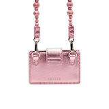 Alessa Metallic Pink Card Holder with embroidered strap, featuring shimmering threads and a secure fastening.