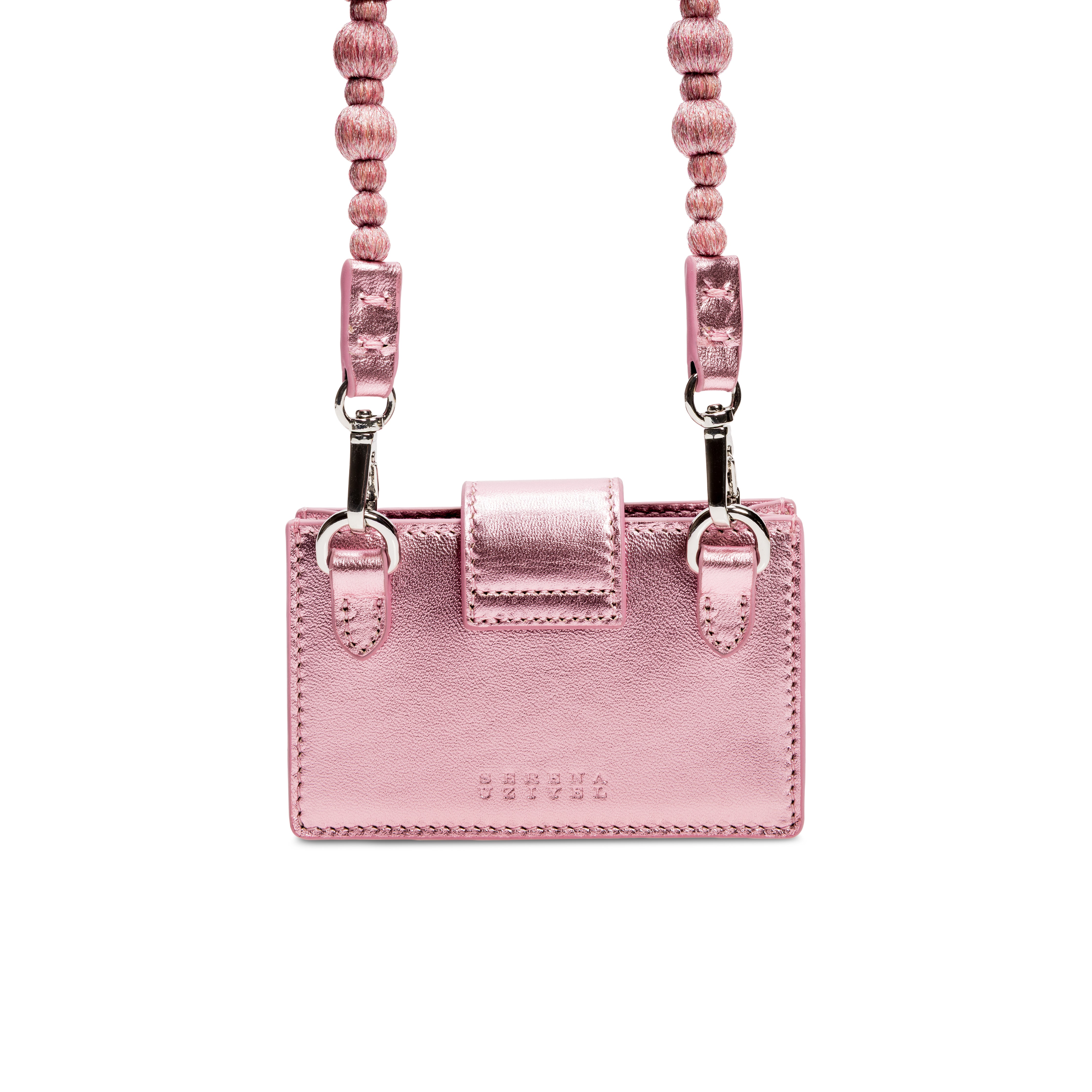 Alessa Metallic Pink Card Holder with embroidered strap, featuring shimmering threads and a secure fastening.