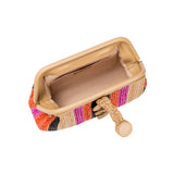 Alessa Multicolor Beige Pouch Bag, showcasing colorful stripes and interior view with a stylish button closure.