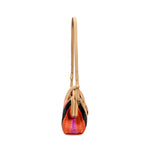 Alessa multicolor beige pouch bag with side view showcasing vibrant patterns and adjustable strap.
