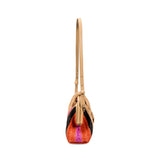 Alessa multicolor beige pouch bag with side view showcasing vibrant patterns and adjustable strap.
