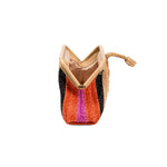 Alessa multicolor beige pouch bag featuring vibrant stripes in orange, pink, and black, with a stylish zip closure.