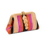 Alessa Multicolor Beige Pouch Bag featuring vibrant stripes of orange, pink, and black with decorative buttons.