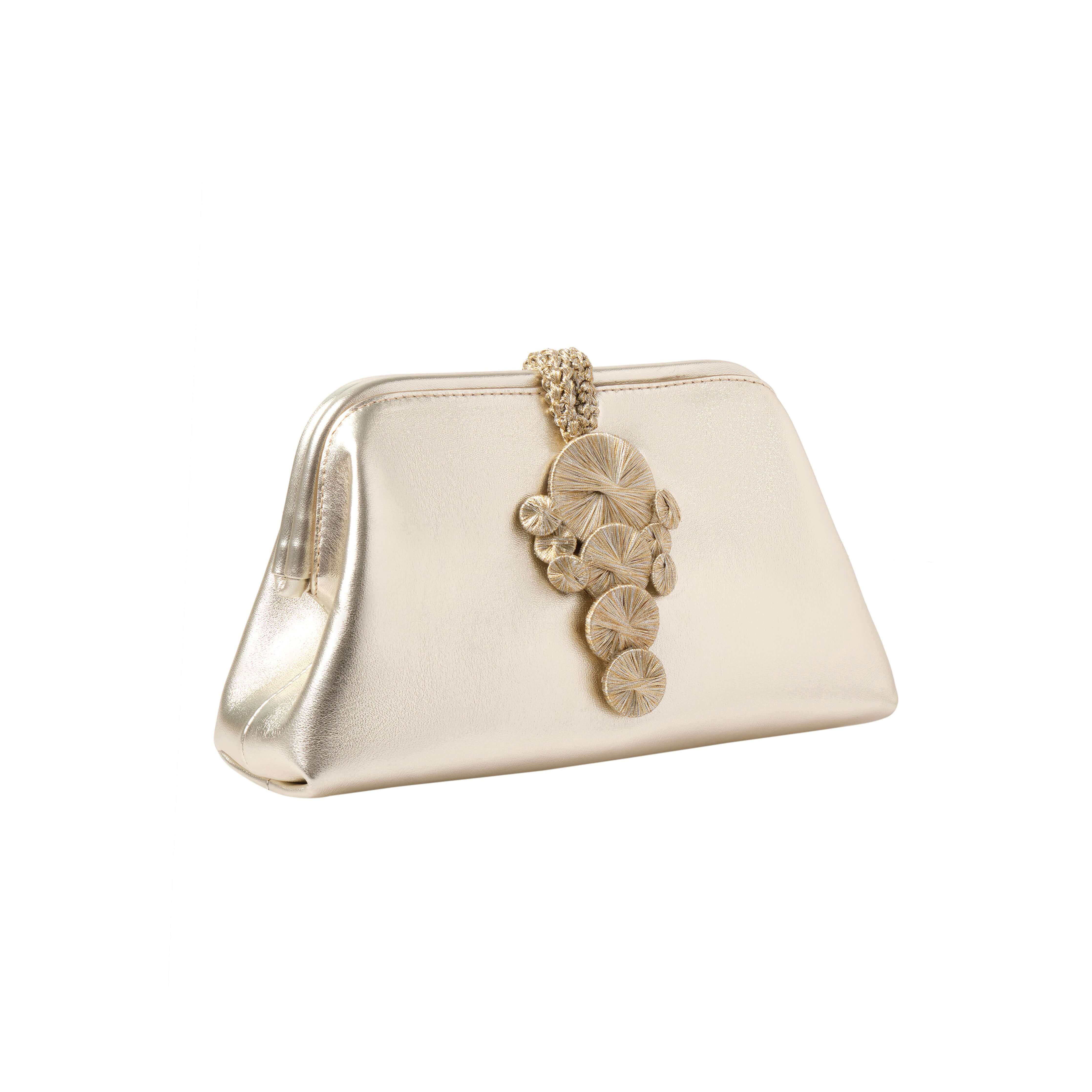 Alessa Sahara Pouch Bag in metallic gold with intricate thread-wrapped coin embellishments, showcasing modern elegance.