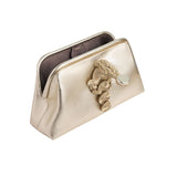 Alessa Sahara Pouch Bag in metallic gold with intricate thread-wrapped coin design and magnetic closure.