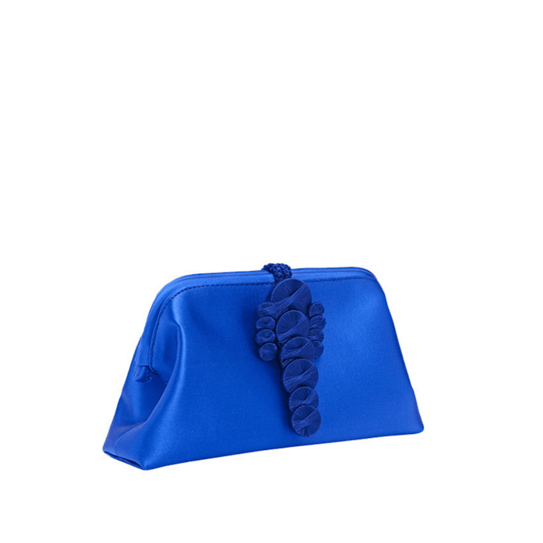 Alessa Sapphire Pouch Bag, hand-crafted silk-satin clutch with elegant thread-wrapped coin design.