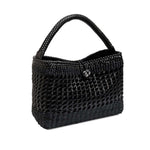 Almeria Black Large Tote Bag with woven texture and stylish handle, perfect for everyday use or special occasions.