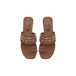 Almeria Camello Flat Toe Sandal in leather and raffia, featuring a stylish woven design in natural tones.