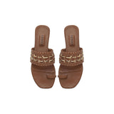 Almeria Camello Flat Toe Sandal in leather and raffia, featuring a stylish woven design in natural tones.