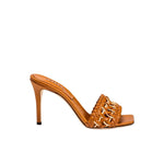 Almeria Camello High-Heel Sandal in supple tan leather with a woven strap and 90mm heel, crafted in Italy.