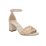 Almeria nude block-heel ankle sandal featuring a woven strap and adjustable ankle buckle, crafted in Italy for sophistication.