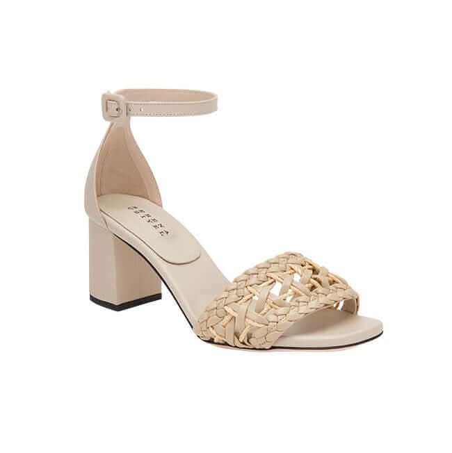 Almeria nude block-heel ankle sandal featuring a woven strap and adjustable ankle buckle, crafted in Italy for sophistication.