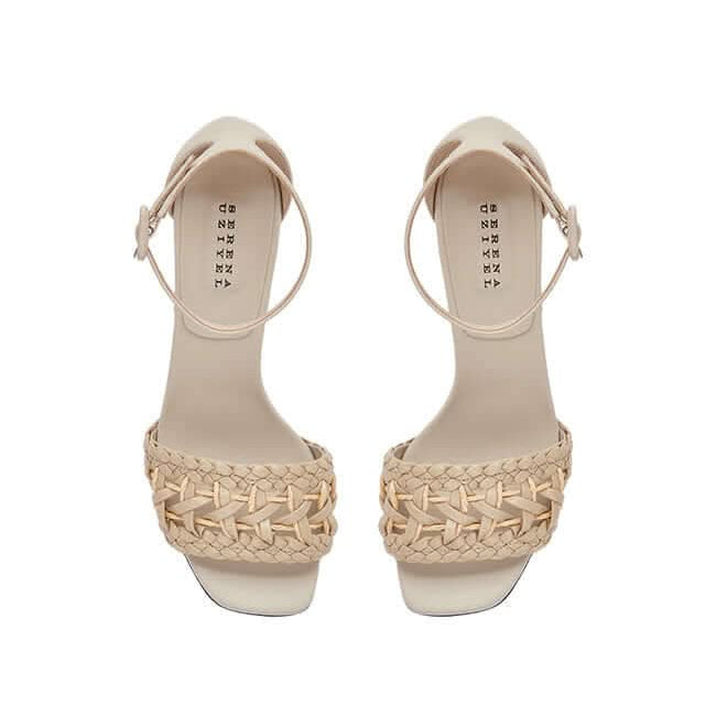 Almeria nude block-heel ankle sandals with woven strap, open toe design, crafted in Italy for stylish comfort.