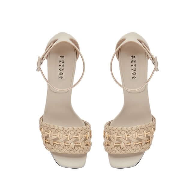 Almeria nude block-heel ankle sandals with woven strap, open toe design, crafted in Italy for stylish comfort.