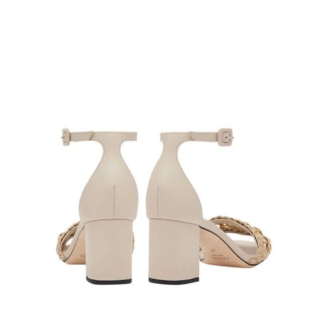 Almeria nude block-heel ankle sandals showcasing open toe design and handcrafted strap, ideal for comfort and style.