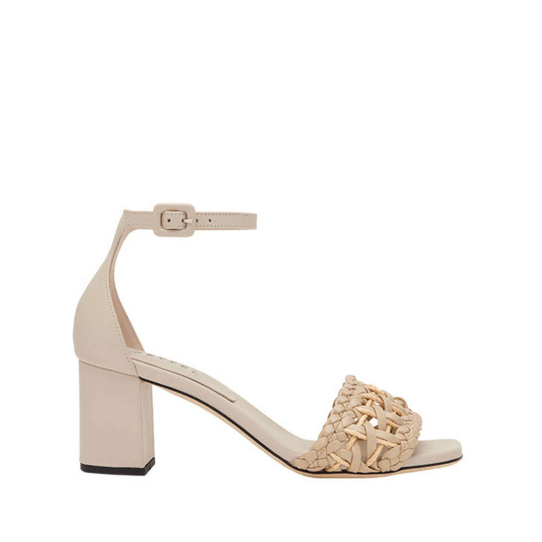 Almeria Nude Block-Heel Ankle Sandal with a woven strap, open toe design and comfortable block heel.