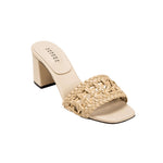 Almeria Nude Block-Heel Sandal with intricately woven strap and open toe design, ideal for sophisticated style and comfort.