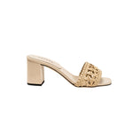 Almeria Nude Block-Heel Sandal featuring a woven strap and comfortable block heel, crafted from supple leather.