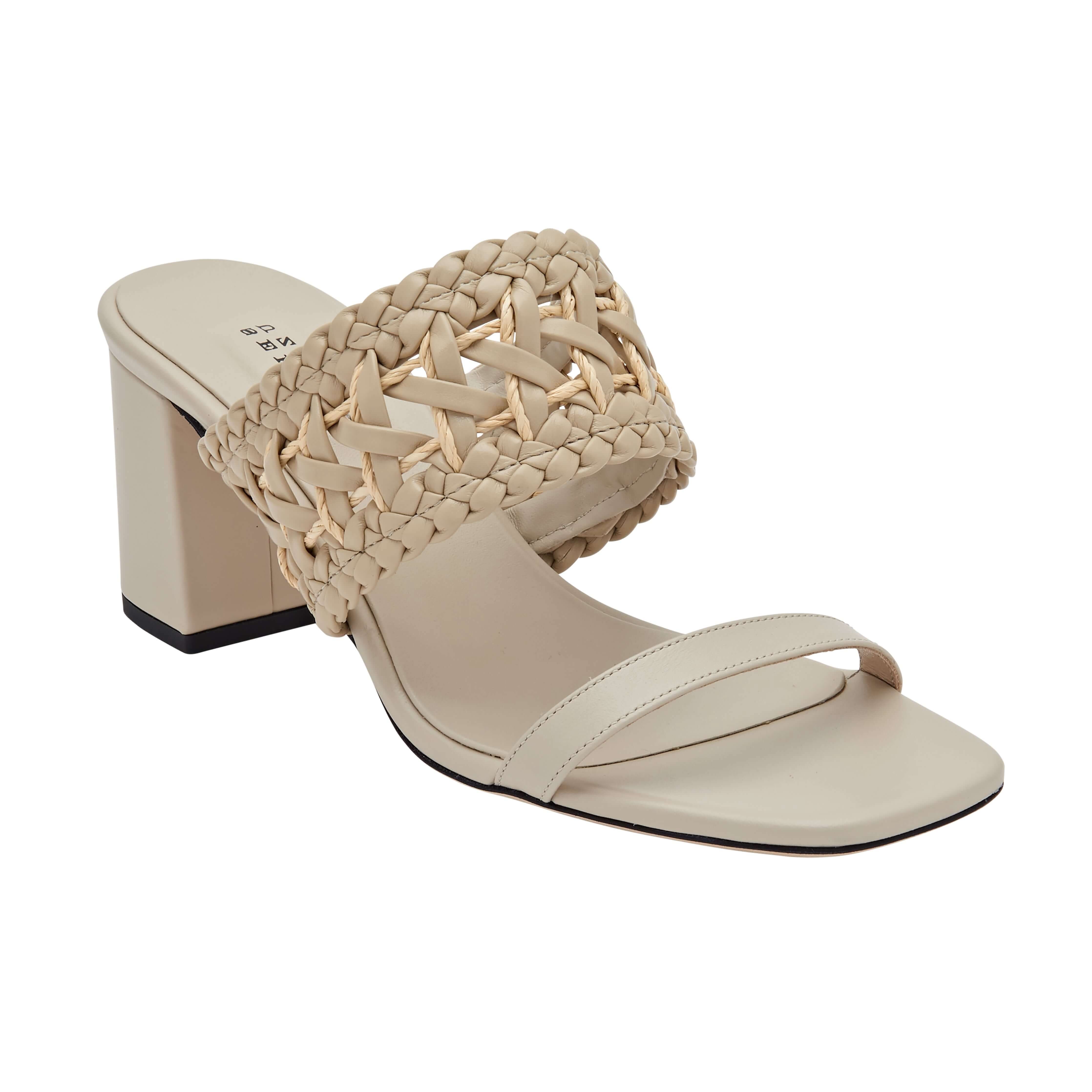 Almeria nude block-heel strap sandal featuring a braided strap and open toe design, handcrafted in Italy for comfort.