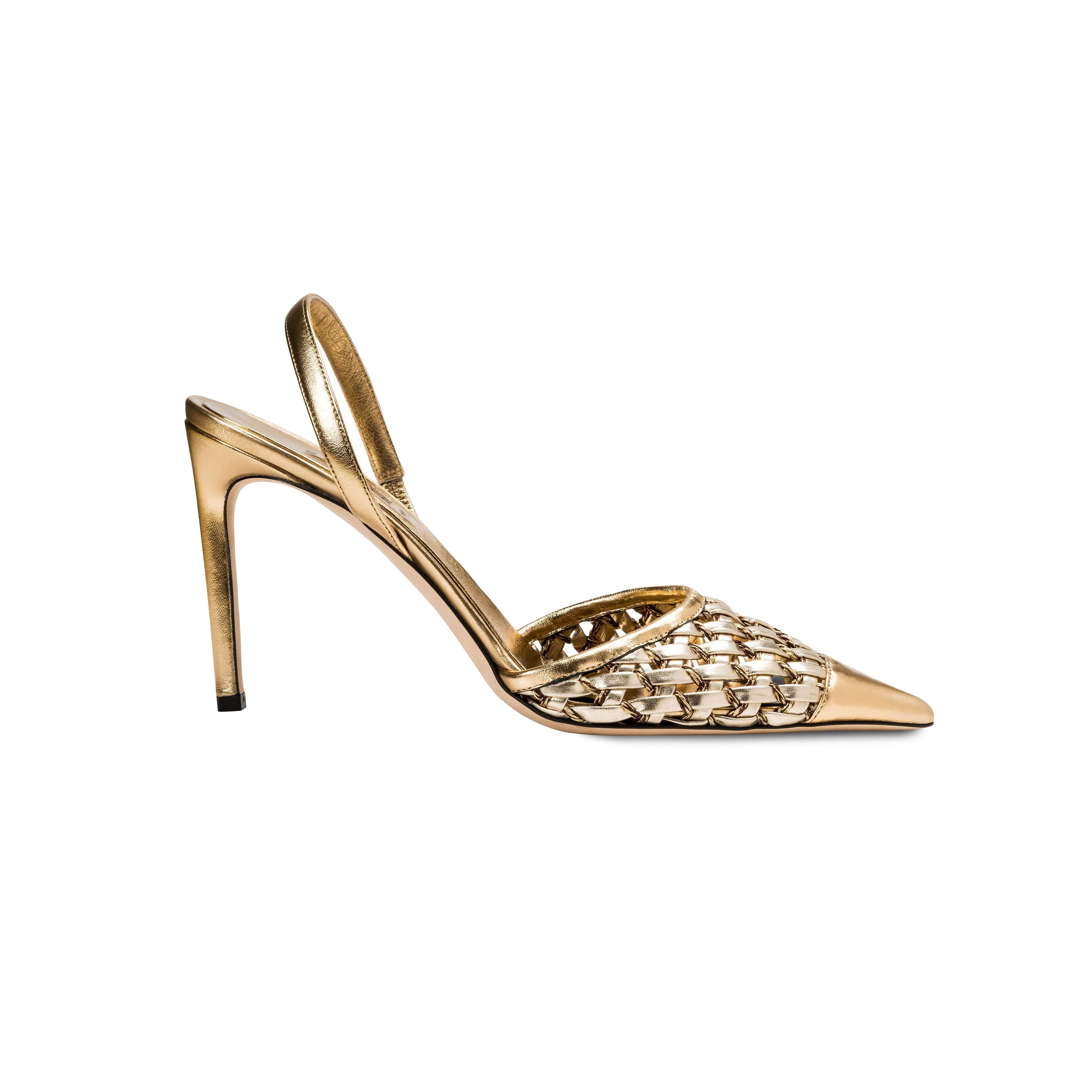 Almeria Sahara high-heel slingback pump with a woven metallic design in gold, perfect for elevating any outfit.