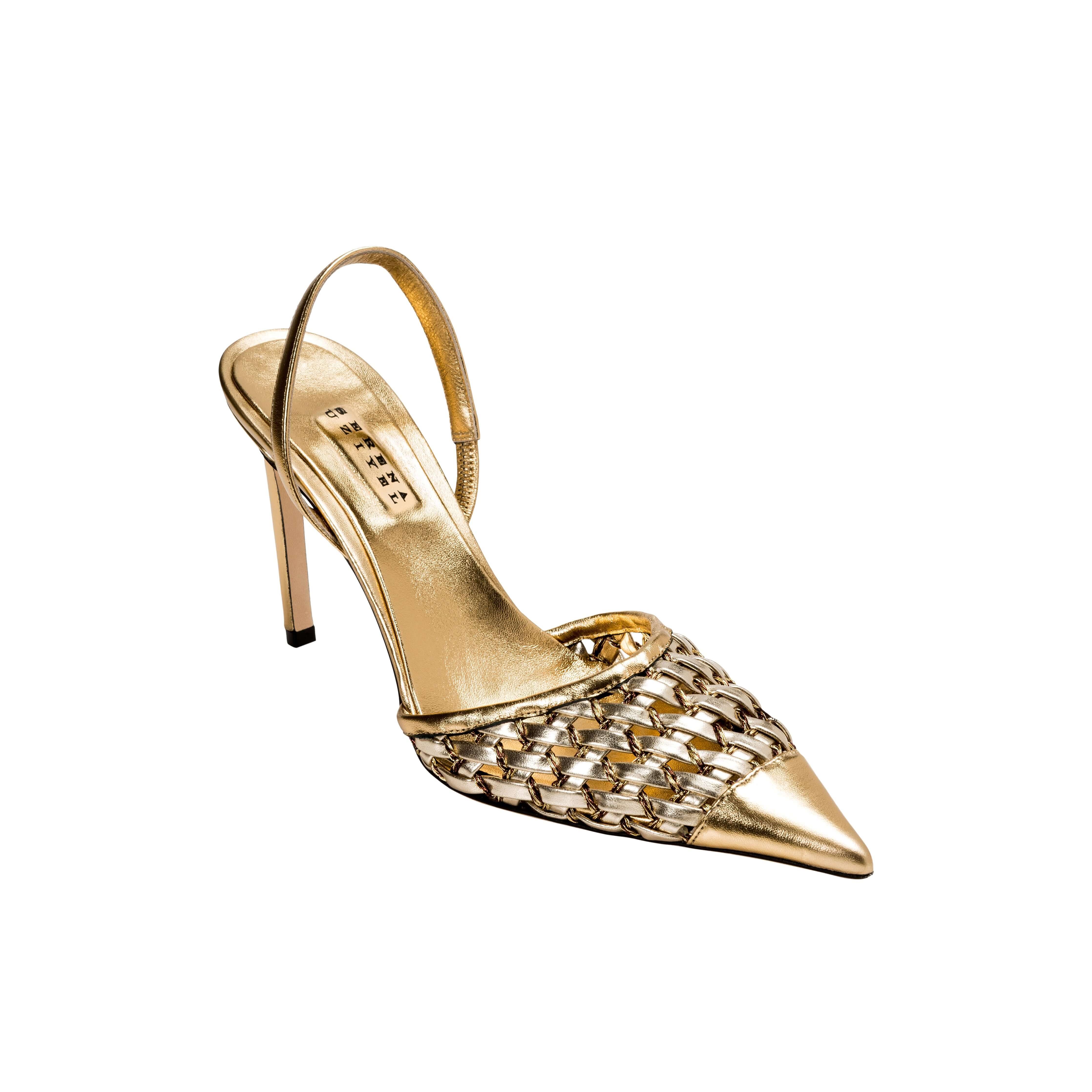 Almeria Sahara high-heel slingback pump in golden metallic weave, perfect for stylish moments and elegant occasions.