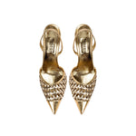 Almeria Sahara high-heel slingback pumps with woven metallic design in gold, perfect for elevating any outfit.