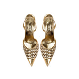 Almeria Sahara high-heel slingback pumps with woven metallic design in gold, perfect for elevating any outfit.