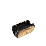 Arinna Black Clutch with intricate bronze and gold embroidery, inspired by Mesopotamian sun rays, elegantly showcasing its interior.