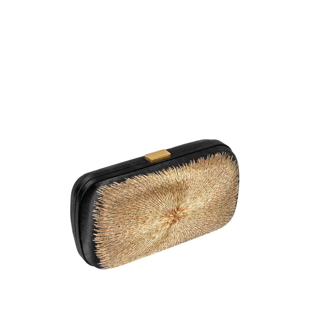 Elegant Arinna Black Clutch with intricate bronze and gold embroidery, inspired by ancient Mesopotamian sun rays.