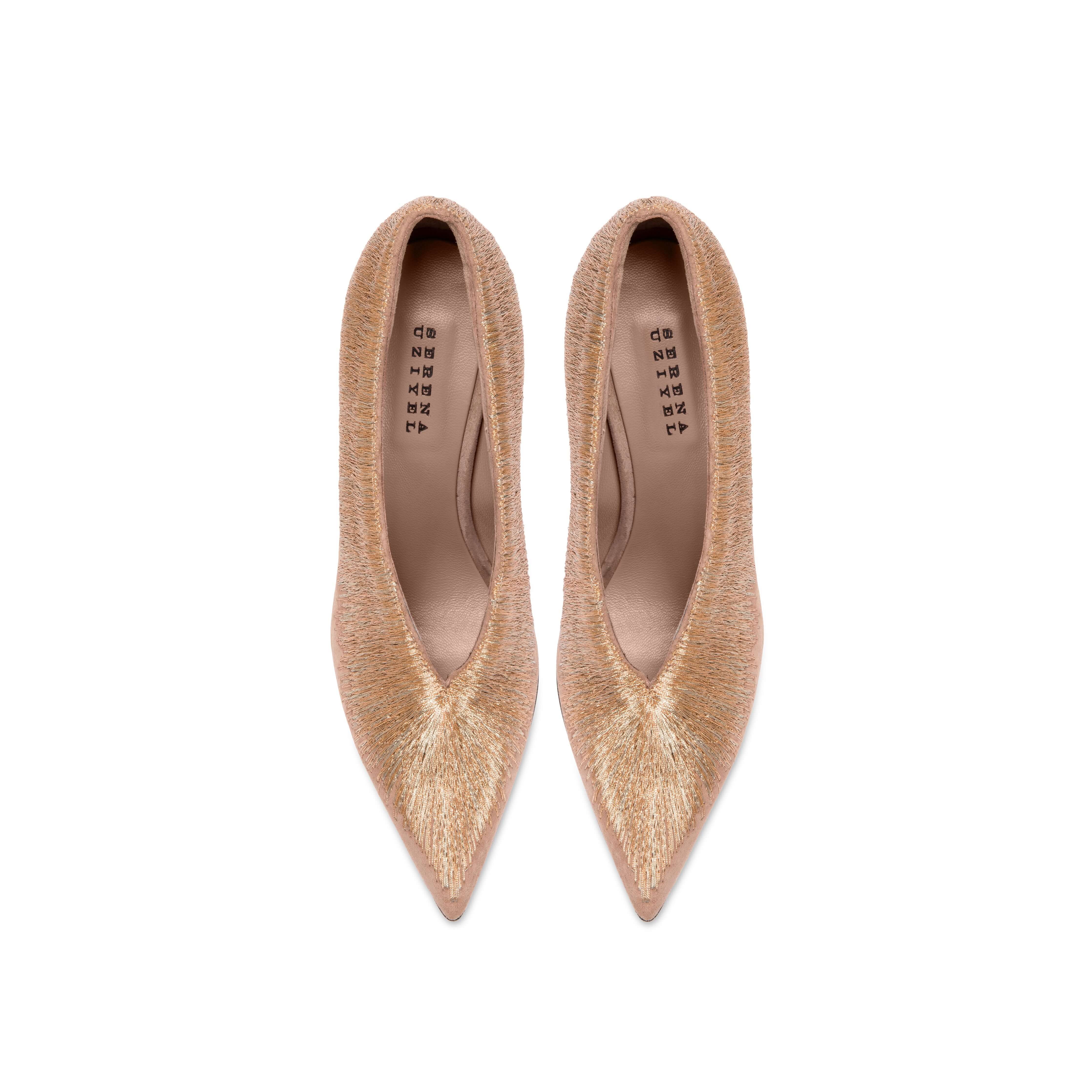Arinna Blush High-Heel Pump in smooth suede with shimmering threads, featuring a pointed toe and 90mm stiletto heels.
