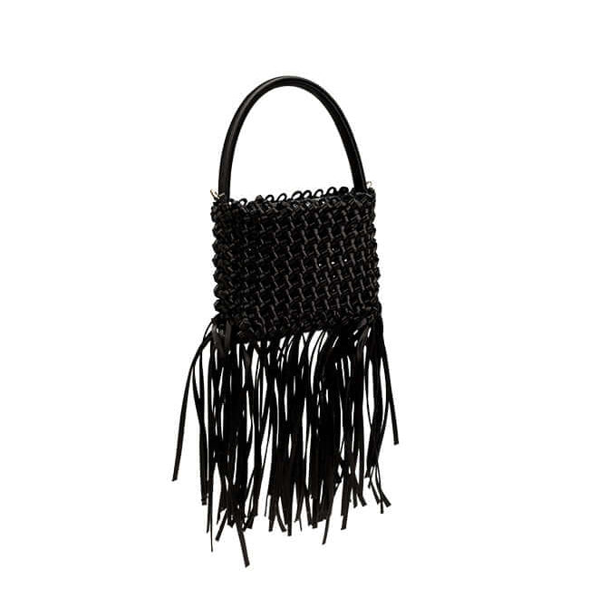 Aurnia Black Mini Tote Bag with silk braiding and fringe detailing, showcasing modern sophistication for day and night.