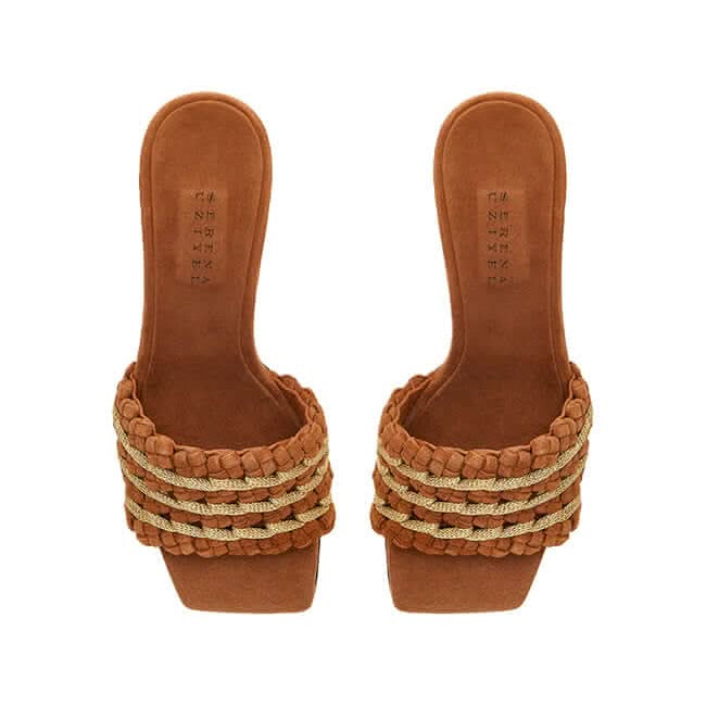 Aurnia Camello high-heel sandals featuring braided design and elegant tan color.