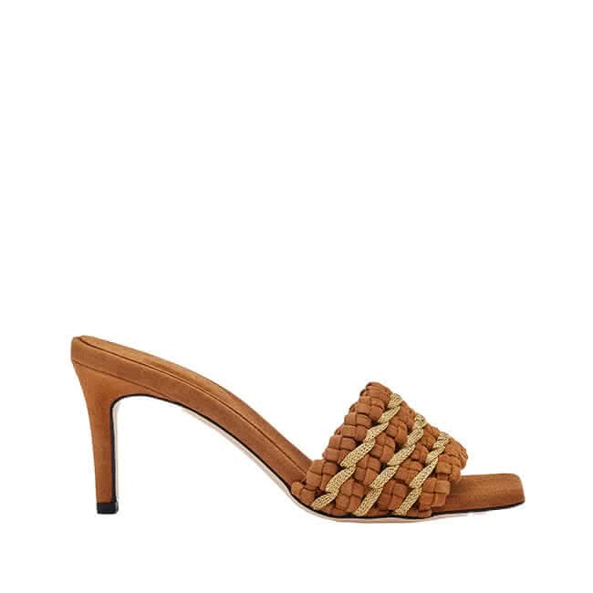 Aurnia Camello high-heeled sandal featuring a stylish woven strap design in a warm brown hue.
