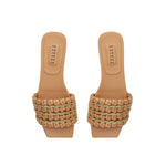 Aurnia Latte Flat Sandal featuring stylish woven straps and a comfortable flat sole, perfect for casual summer outings.