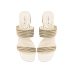 Bellina Ivory Two Strap Sandal with intricately braided straps and shimmering metallic threads, set on a 60mm block heel.