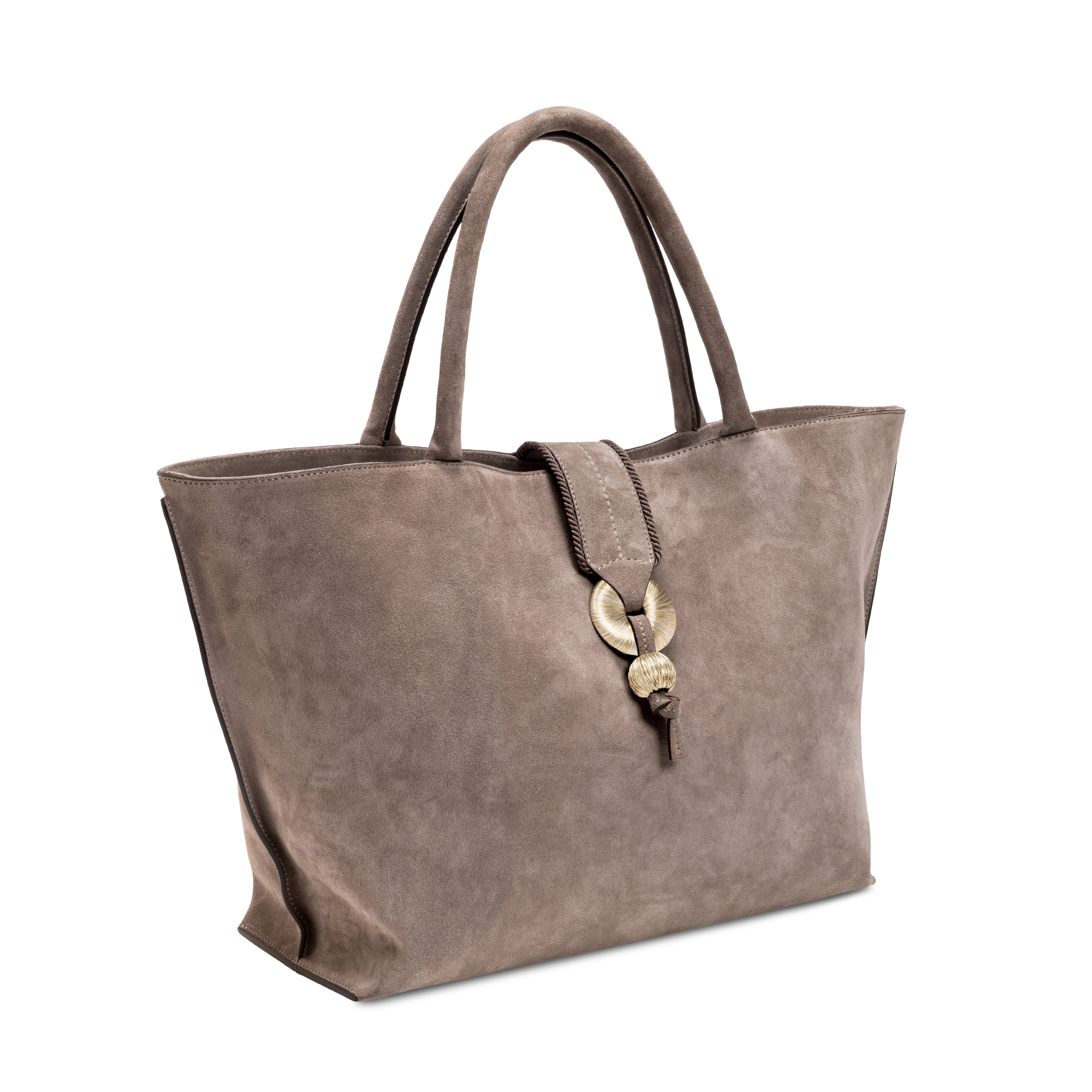 Boho Chic Medium Taupe Tote Bag featuring hand-stitched goldwork embroidery and expanded sides for versatile styling.